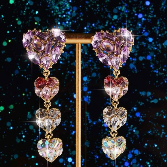 Jewelry - Multicoloured rhinestone heart drop earrings. New.